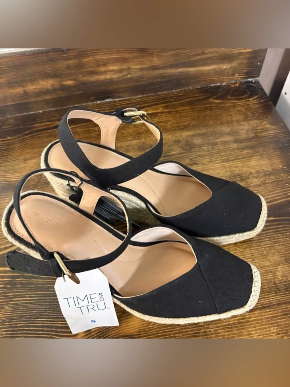 Time and Tru Black Espadrille Wedge Sandals with Ankle Strap